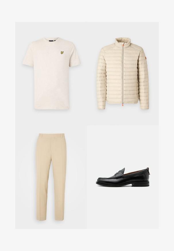 Save the duck ALEXANDER - Ľahká bunda - beige; Béžové tričko s krátkym rukávom a okrúhlym výstrihom s malým žltým logom vtáka na ľavej strane hrudníka, zobrazené na jednoliatom pozadí.; Béžové tailored nohavice so striktným strihom, vyrobené z ľahkej tkaniny, s dvoma prednými vreckami a úhľadne prešívanými skladmi.; Čierny kožený pánsky mokasín s prešitím moc toe, penny remienkom, textúrovaným golierom a nízkym vrstveným podpätkom na bielom pozadí.