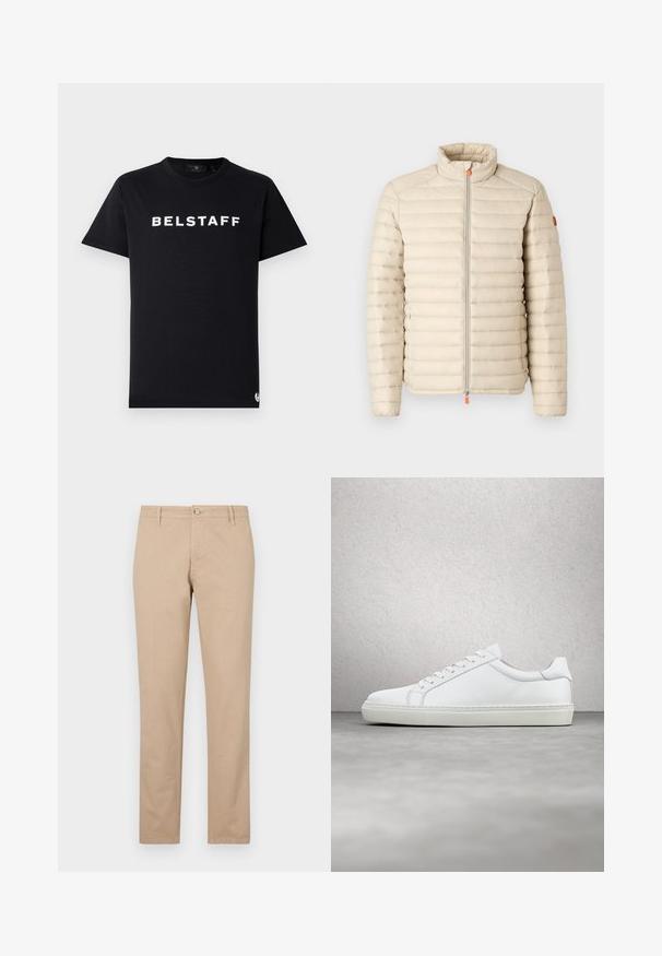 Save the duck ALEXANDER - Kerge jope - beige; Must must t-särk musta värviga, ümmargune kaelus, lühikesed varrukad ning valge "BELSTAFF" logo trükitud rinnaosale.; Beez värvi puuvillased püksid sirge jala lõikega, millel on ees nup closure, küljetaskud ja delikaatsed tekstuuri detailid.; Valge tennisetoss, millel on sile nahk pealis ja madal profiil. Omab ümarat ninaosa, kuut silmust ja tekstuuriga kummist talda.