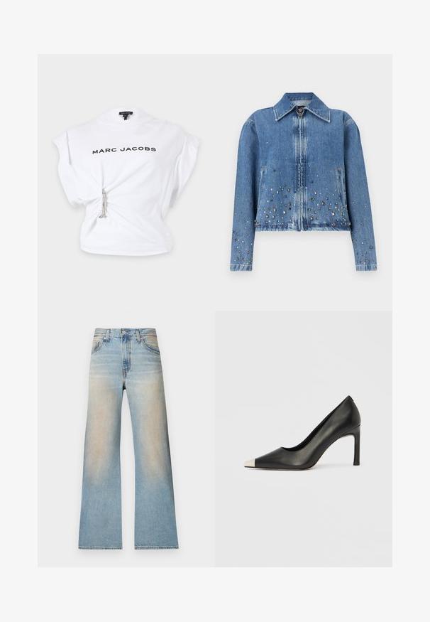 Denimjakke i lyseblå med lynlås foran, spids krave og spredte metalliske nitter på den nederste halvdel. Har to sidelommer.; Hvid ærmeløs top fra Marc Jacobs med sort logotekst og et sølvfarvet sikkerhedsnål, der samler stoffet i venstre talje.; Lysblå cowboybukser med høj talje og vide ben, forsidens knapper og lynlås samt falmede områder på lår og hofter.; Sort læder højhælet sko med spids tå og metal-sølv hætte. Har en glat finish og en slank hæl på 10 cm.