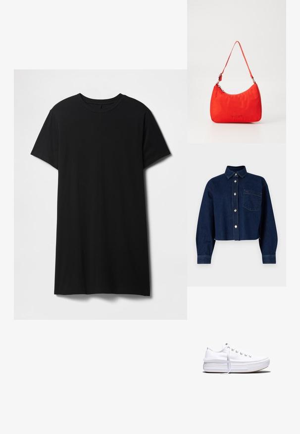 Veste cropped en denim bleu foncé avec fermeture à boutons, col pointu, manches longues et une poche avant. Comprend des boutons métalliques et des accents de couture.; T-shirt noir à manches courtes en coton, doté d'une encolure classique ronde et d'un ourlet droit, avec une texture lisse et mate.; Baskets basses blanches en toile avec semelle plateforme épaisse, lacets sur le devant et embout en caoutchouc texturé, vues de profil.; Sac à main en nylon rouge avec une silhouette courbée, une seule anse, des accessoires en métal argenté et un logo embossé à l'avant. Texture lisse.