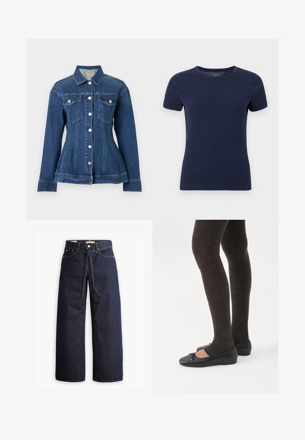 Donkerblauwe spijkerjasje met zilveren knoppen, lange mouwen, twee borstzakken en een getailleerde taille, getoond tegen een effen achtergrond.; Marineblauw geribd gebreid T-shirt met korte mouwen, ronde hals en aansluitende pasvorm op een witte achtergrond.; Wijd pijpjes donkerblauwe denim jeans met een hoge taille, voorzien van een trekkoord, vijf zakken en contrasterende stiksels.; Benen met donkere geribbelde leggings gecombineerd met zwarte ballerina's met kleine strikdetails op een witte achtergrond.