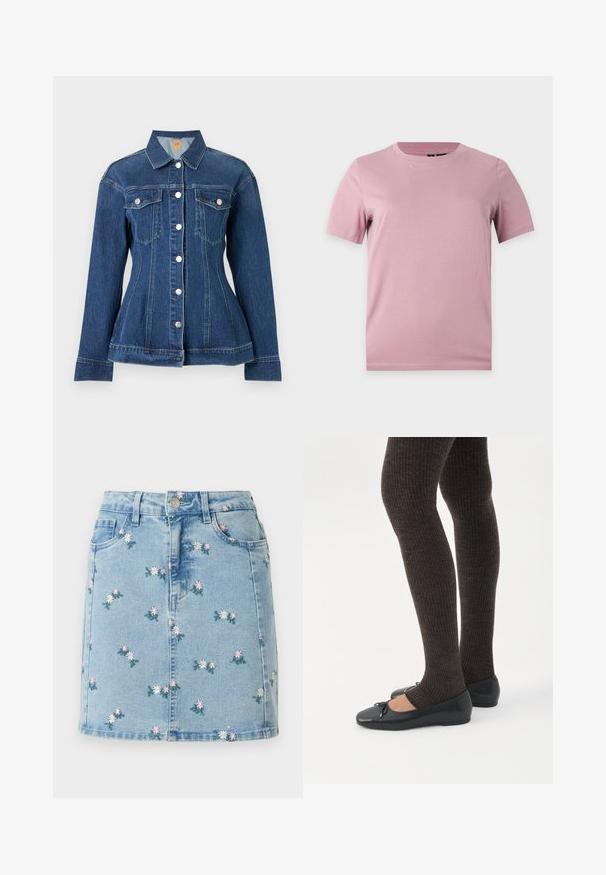 Veste en denim bleu foncé avec boutons argentés, manches longues, deux poches poitrine et taille cintrée, présentée sur un fond uni.; T-shirt uni en coton rose pâle à manches courtes avec col rond, présenté sur un fond plat gris clair.; Jupe en denim bleu clair avec petites fleurs roses et blanches brodées, poches avant, passants pour ceinture et fermeture par boutons.; Jambes portant des leggings côtelés foncés associés à des ballerines noires avec de petits détails en nœud sur fond blanc.