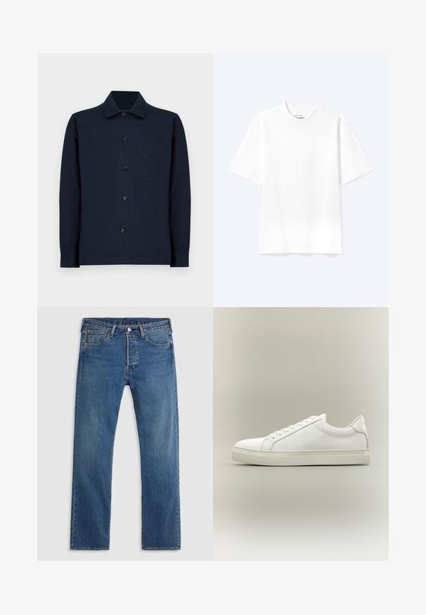 Camisa de botón de manga larga de color azul marino con cuello clásico y un bolsillo en el pecho, exhibida sobre un fondo blanco liso.; Camiseta lisa blanca de manga corta y cuello redondo con un corte relajado, mostrada sobre un fondo claro.; Vaqueros de mezclilla azul de pierna recta con cinco bolsillos, presillas para el cinturón y un cierre frontal con botón y cremallera sobre un fondo liso.; Zapatilla blanca de perfil bajo con cordones en la parte delantera y suela gruesa, mostrada de lado sobre un fondo neutro.