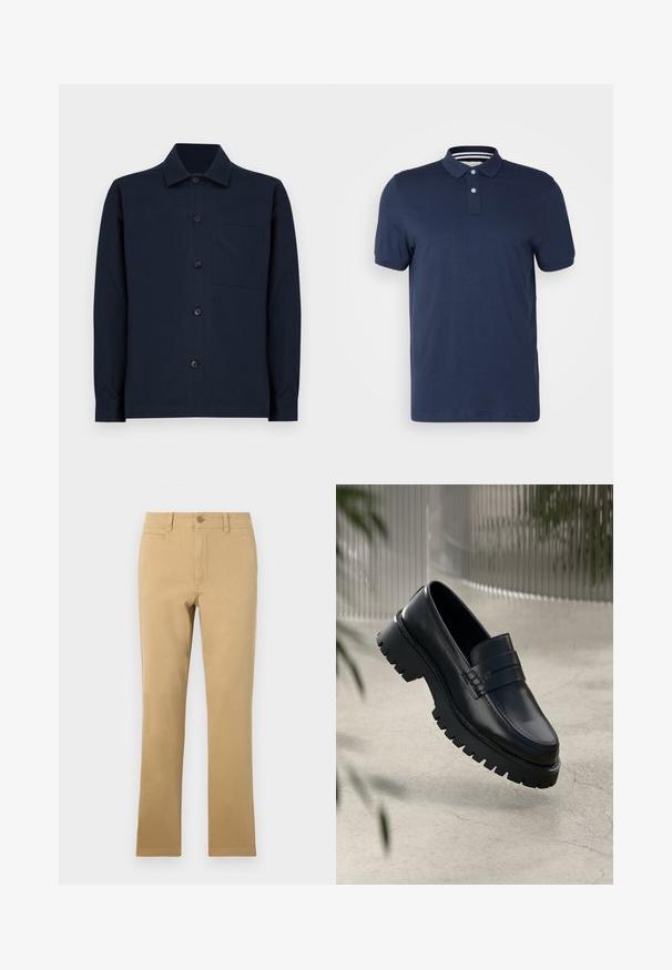 Langeærmet marineblå skjorte med knaplukning, klassisk krave og enkelt brystlomme, præsenteret mod en simpel hvid baggrund.; Marineblå polo-shirt lavet af blød bomuld, med kravehals, to-knap placket og korte ærmer. Stribet inderside af kraven.; Kaki-farvede lige ben bukser lavet af bomuld, med knaplukning, forlommer og en glat overflade.; Sorte læder loafers med en chunky sål, der har en dekorativ rem og syninger. Glat tekstur med en poleret overflade.