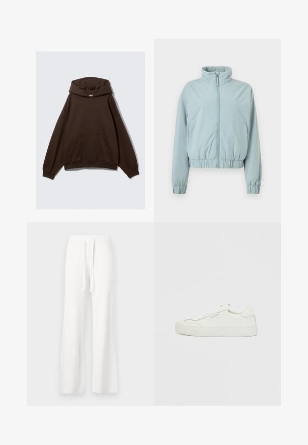 Lyseblå lynlåstrøje med høj krave, elastiske manchetter og elastisk taljevist på en hvid baggrund.; Brun oversized hoodie lavet af en bomuldsblanding, der har en stor hætte, forlommeslomme og ribbede manchetter. Glat tekstur med minimal design.; Hvide bukser med vide ben, elastisk taljebånd, snøre og forlommer med lapper foran.; Hvid lav sneaker med bølgede kanter, snørelukning og flad gummisål på en ensfarvet hvid baggrund.