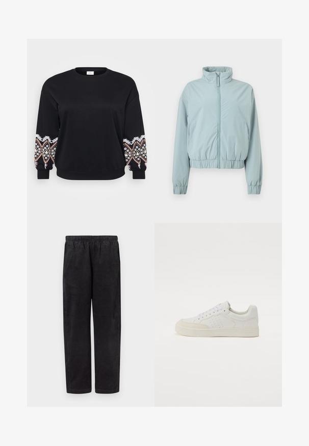 Hellblaue Reißverschlussjacke mit hohem Kragen, elastischen Bündchen und elastischem Bund, dargestellt vor weißem Hintergrund.; Schwarzes Sweatshirt mit rundem Ausschnitt. Lange Ärmel mit aufwändig bestickten Mustern in Weiß, Rosa und Gelb an den Bündchen. Weicher Stoff.; Schwarze Cordhosen mit elastischem Bund und geraden Beinen, flach auf weißem Hintergrund liegend.; Weiße Leder-Sneaker mit niedrigem Profil, runder Zehenpartie, durchbrochenen Akzenten, flachen Schnürsenkeln und gummierter Sohle. Minimalistisches Design mit beigen Details.