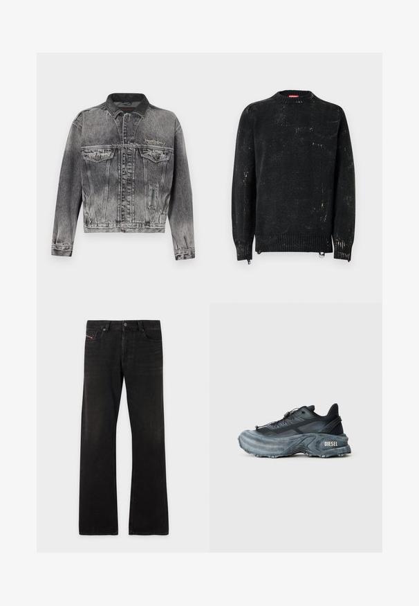 Denimjakke i vasket sort med et klassisk design, der har en læderkrave, to brystlommer og metal knapper. Blød tekstur.; Sort strikket sweater med rund hals, ribbede manchetter og kant. Har en slidte tekstur med lysere mærker. Sidelommer med lynlåse til justering.; Sorte denim jeans med lige ben, fem lommer og knappelukning, der viser let falming på lårene og knæene.; Sort og grå Diesel sneakers med tyk sål, snørrebåndslukning og tekstureret design på en ensfarvet lysegrå baggrund.