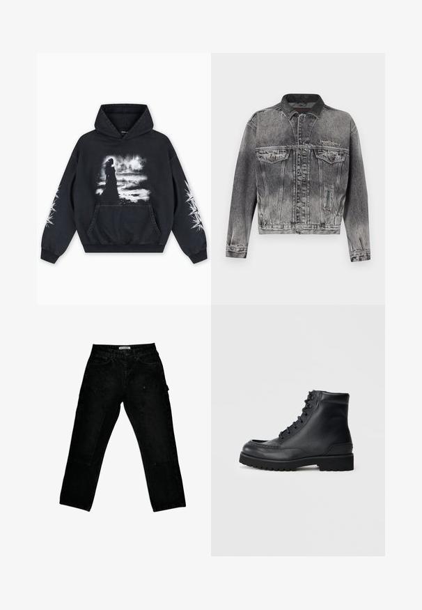 Spijkerjack in gewassen zwart met een klassiek ontwerp, voorzien van een leren kraag, twee borstzakken en metalen knopen. Zachte textuur.; Zwarte hoodie met een voorkant bedrukking van een figuur tegen een bewolkte achtergrond. Voorzien van een kangoeroezak en sterpatronen op de mouwen.; Zwarte denimbroek met een ontspannen pasvorm, grote voorzakken, riemlussen en een klein lusje aan de zijkant.; Zwarte leren enkelboordjes met een gladde en gestructureerde afwerking, ronde neus, vetersluiting en robuuste zool voor verbeterde grip en duurzaamheid.