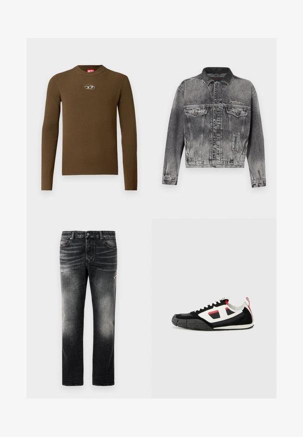 Chaqueta vaquera en negro lavado con un diseño clásico, que presenta un cuello de cuero, dos bolsillos en el pecho y botones metálicos. Textura suave.; Top de manga larga de canalé marrón con cuello redondo y un parche con logo en el pecho. La textura es suave y ajustada, fabricada en material elástico.; Jeans negros con acabado desgastado y toques rasgados, diseño estándar de cinco bolsillos y cierre con cremallera. Elaborados en tela de denim.; Diesel S PAGODHA LOW - Zapatillas - black