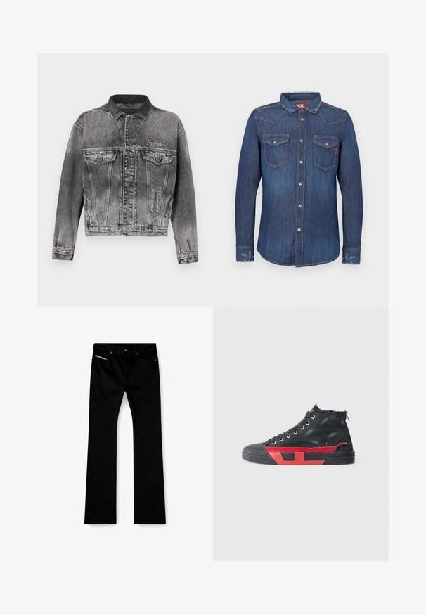 Veste en jean noire délavée avec un design classique, dotée d'un col en cuir, de deux poches poitrine et de boutons métalliques. Texture douce.; Chemise en denim bleu foncé à manches longues, col pointu, deux poches poitrine, fermetures à boutons argentés et légères touches d'usure.; Jeans noirs à jambe droite avec bouton et fermeture éclair à l'avant, poches avant et arrière, et une étiquette blanche visible dans la poche avant droite.; Baskets montantes noires avec des accents rouges et une finition usée. Caractérisées par une tige en toile texturée et une semelle en caoutchouc avec un design découpé.