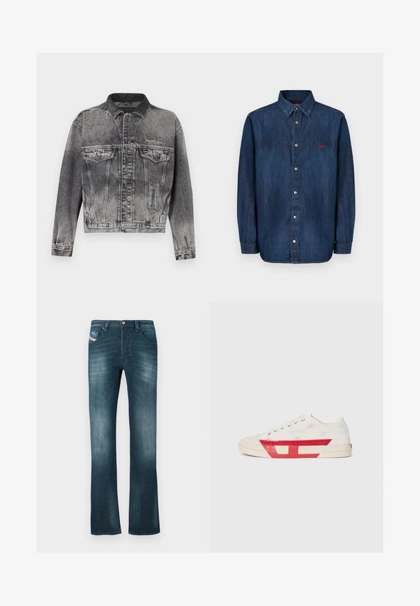 Veste en jean noire délavée avec un design classique, dotée d'un col en cuir, de deux poches poitrine et de boutons métalliques. Texture douce.; La chemise en denim présente une teinte bleu foncé, un col boutonné, un col pointu, des manches longues et un petit logo rouge sur la poitrine.; Jeans en denim bleu foncé avec une légère décoloration, coupe droite, deux poches avant et une petite étiquette de marque sur la poche droite.; Baskets en toile avec un dessus blanc, des accents en caoutchouc rouge et un design texturé. Elles présentent une tête arrondie et cinq œillets pour les lacets.
