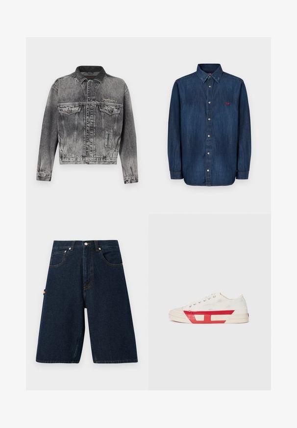 Veste en jean noire délavée avec un design classique, dotée d'un col en cuir, de deux poches poitrine et de boutons métalliques. Texture douce.; La chemise en denim présente une teinte bleu foncé, un col boutonné, un col pointu, des manches longues et un petit logo rouge sur la poitrine.; Shorts en denim foncé avec une coupe ample, design à cinq poches et coutures orange contrastantes. Présente une fermeture classique à bouton et à glissière.; Baskets en toile avec un dessus blanc, des accents en caoutchouc rouge et un design texturé. Elles présentent une tête arrondie et cinq œillets pour les lacets.