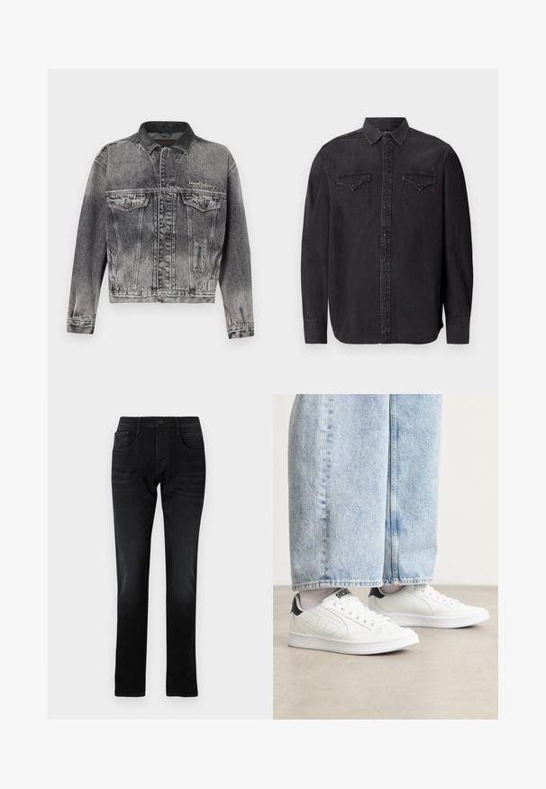 Jeansjacke in gewaschenem Schwarz mit klassischem Design, ausgestattet mit einem Lederkragen, zwei Brusttaschen und metallischen Knöpfen. Weiche Textur.; Langärmliges schwarzes Jeanshemd mit klassischem Kragen, Druckknopfverschlüssen, zwei Brusttaschen und einem dezenten roten Logodetail.; Schwarze Jeans aus Denim mit geradem Schnitt, Fronttaschen und einem einzelnen Knopfverschluss. Verfügt über subtile Verblassungen und Näh-Details.; Weiße Sneaker mit einer glatten Ledertextur, schwarzen Fersenakzenten und perforierten Details. Kombiniert mit hellblauen, weiten Jeanshosen.
