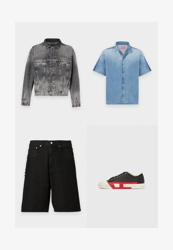 Spijkerjack in gewassen zwart met een klassiek ontwerp, voorzien van een leren kraag, twee borstzakken en metalen knopen. Zachte textuur.; Kortärmlig denimshirt in lichtblauw met rafelige randen, knoopsluiting aan de voorkant en een puntige kraag. Voorzien van een rood merkembleem op de nek.; Zwarte denim shorts met een klassieke vijf-pocket ontwerp, zilveren hardware en een subtiele oranje accent op de zijzak.; Zwarte canvas sneaker met rode accenten, rubberen neuskap en witte zool. Voorzien van zwarte veters en een gestructureerd design aan de zijkant.