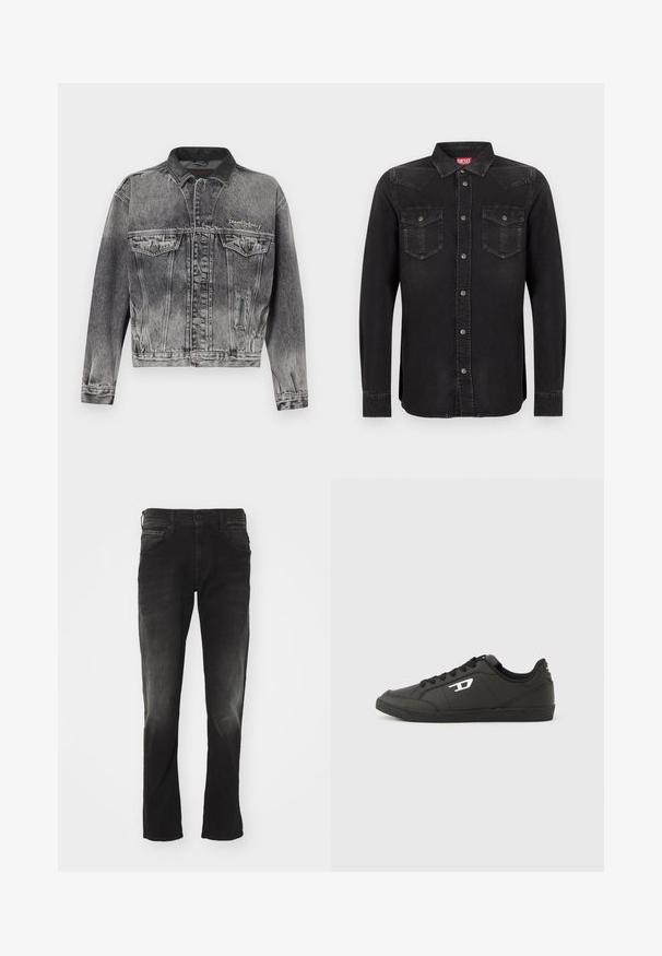 Veste en jean noire délavée avec un design classique, dotée d'un col en cuir, de deux poches poitrine et de boutons métalliques. Texture douce.; Chemise en denim noir à manches longues avec boutons-pression, col pointu et deux poches avant. Présente un léger éclat et des coutures contrastées.; Jean en denim noir avec un délavage usé, cinq poches, coupe droite et fermeture classique à bouton et zip.; Baskets synthétiques noires avec une semelle noire texturée, un bout rond et des lacets plats noirs. Logo blanc remarquablement placé sur le côté extérieur.