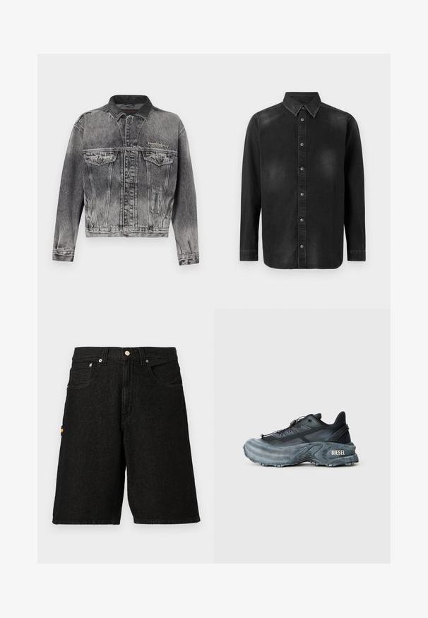 Jeansjacke in gewaschenem Schwarz mit klassischem Design, ausgestattet mit einem Lederkragen, zwei Brusttaschen und metallischen Knöpfen. Weiche Textur.; Schwarze Denim-Hemd mit Button-Down-Kragen, langen Ärmeln und einer vorderen Knopfleiste. Verfügt über dezente Verblassungen und eine taillierte Passform.; Schwarze Denim-Shorts mit einem klassischen Fünf-Taschen-Design, silbernem Metallzubehör und einem dezenten orangen Akzent an der Seitentasche.; Schwarz- und graue Diesel-Sneaker mit dicker Sohle, Schnürverschluss und strukturiertem Design auf einem schlichten hellgrauen Hintergrund.