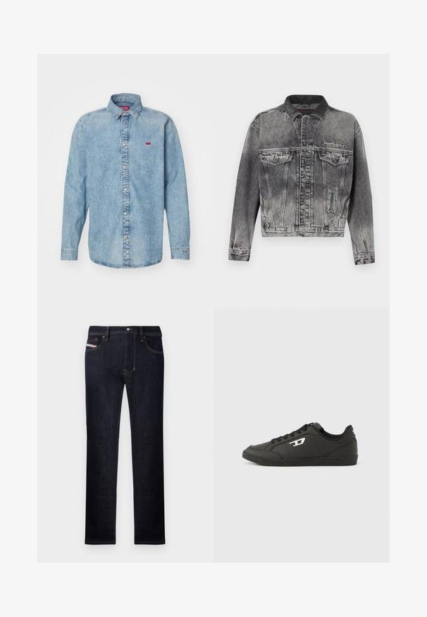Veste en jean noire délavée avec un design classique, dotée d'un col en cuir, de deux poches poitrine et de boutons métalliques. Texture douce.; Chemise en denim bleu clair avec des manches longues, un col pointu et une fermeture à boutons. Présente un petit logo rouge sur le côté gauche de la poitrine.; Jean en denim bleu foncé avec une coupe droite, comprenant cinq poches, une fermeture à bouton, et des accents de couture contrastants.; Baskets synthétiques noires avec une semelle noire texturée, un bout rond et des lacets plats noirs. Logo blanc remarquablement placé sur le côté extérieur.