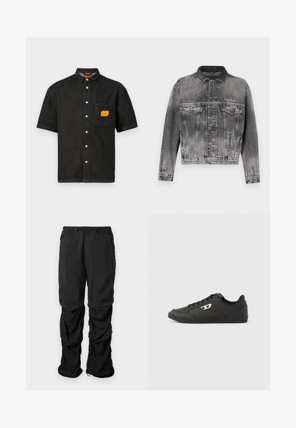 Jeansjacke in gewaschenem Schwarz mit klassischem Design, ausgestattet mit einem Lederkragen, zwei Brusttaschen und metallischen Knöpfen. Weiche Textur.; Schwarzes kurzärmliges Button-Up-Hemd mit einer Brusttasche, die ein orangenes Replay Inc. Etikett und weiße Knöpfe an der Vorderseite enthält.; Schwarze Utility-Hosen aus leichtem Stoff verfügen über einen elastischen Bund, verstellbare Kordeln und seitliche Taschen mit einer lockeren Passform.; Schwarze Sneakers aus synthetischem Material mit einer strukturierten schwarzen Sohle, rundem Zehenbereich und flachen schwarzen Schnürsenkeln. Auffälliges weißes Logo auf der Außenseite.