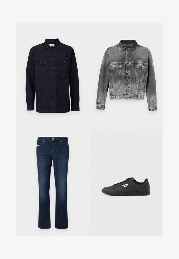 Chaqueta vaquera en negro lavado con un diseño clásico, que presenta un cuello de cuero, dos bolsillos en el pecho y botones metálicos. Textura suave.; Camisa de mezclilla azul oscuro con mangas largas, cierre frontal de botones, dos bolsillos en el pecho y un pequeño logo rojo "REPLAY" en el bolsillo izquierdo.; Jeans de mezclilla en azul oscuro con un corte recto. Presentan cinco bolsillos, un cierre con botón de metal y un sutil bordado en el bolsillo trasero.; Zapatillas deportivas negras sintéticas con suela negra texturizada, puntera redonda y cordones planos negros. Destaca un logo blanco en el lateral exterior.