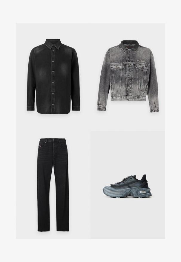 Jeansjacke in gewaschenem Schwarz mit klassischem Design, ausgestattet mit einem Lederkragen, zwei Brusttaschen und metallischen Knöpfen. Weiche Textur.; Schwarze Denim-Hemd mit Button-Down-Kragen, langen Ärmeln und einer vorderen Knopfleiste. Verfügt über dezente Verblassungen und eine taillierte Passform.; Schwarze Denim-Jeans mit geradem Schnitt, vorderen Taschen und einem roten Tab-Detail an der linken Tasche. Der Stoff hat eine leichte Textur.; Schwarz- und graue Diesel-Sneaker mit dicker Sohle, Schnürverschluss und strukturiertem Design auf einem schlichten hellgrauen Hintergrund.