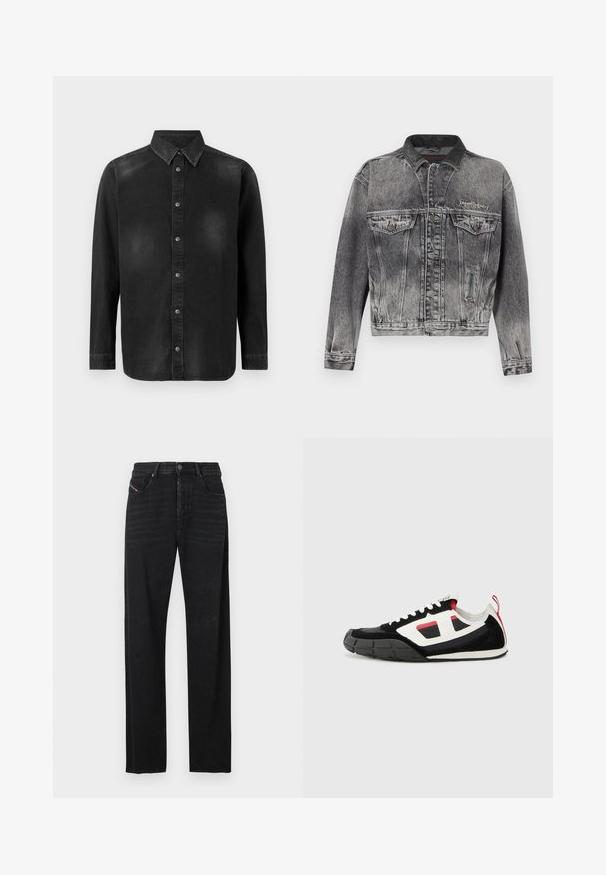 Jeansjacke in gewaschenem Schwarz mit klassischem Design, ausgestattet mit einem Lederkragen, zwei Brusttaschen und metallischen Knöpfen. Weiche Textur.; Schwarze Denim-Hemd mit Button-Down-Kragen, langen Ärmeln und einer vorderen Knopfleiste. Verfügt über dezente Verblassungen und eine taillierte Passform.; Schwarze Denim-Jeans mit geradem Schnitt, vorderen Taschen und einem roten Tab-Detail an der linken Tasche. Der Stoff hat eine leichte Textur.; Diesel S PAGODHA LOW - Sneaker low - black