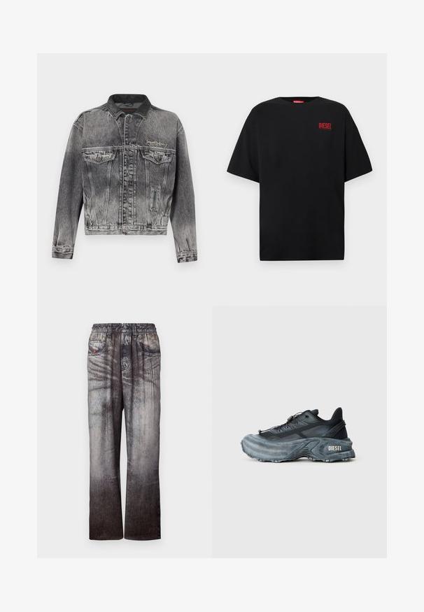Jeansjacke in gewaschenem Schwarz mit klassischem Design, ausgestattet mit einem Lederkragen, zwei Brusttaschen und metallischen Knöpfen. Weiche Textur.; Schwarzes T-Shirt aus Baumwolle, mit kurzen Ärmeln, rundem Ausschnitt und einem roten "DIESEL"-Logo auf der linken Brustseite.; Jeans mit einem verblassten Blau-zu-Grau-Gradient, elastischem Bund und seitlichen Taschen. Sie besitzen eine strukturierte Oberfläche mit subtilem Nähen.; Schwarz- und graue Diesel-Sneaker mit dicker Sohle, Schnürverschluss und strukturiertem Design auf einem schlichten hellgrauen Hintergrund.