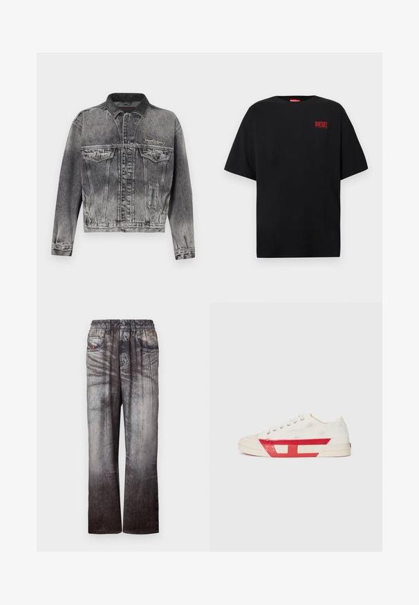 Jeansjacke in gewaschenem Schwarz mit klassischem Design, ausgestattet mit einem Lederkragen, zwei Brusttaschen und metallischen Knöpfen. Weiche Textur.; Schwarzes T-Shirt aus Baumwolle, mit kurzen Ärmeln, rundem Ausschnitt und einem roten "DIESEL"-Logo auf der linken Brustseite.; Jeans mit einem verblassten Blau-zu-Grau-Gradient, elastischem Bund und seitlichen Taschen. Sie besitzen eine strukturierte Oberfläche mit subtilem Nähen.; Leinensneaker mit weißem Obermaterial, roten Gummidetails und einem strukturierten Design. Verfügt über eine runde Zehenpartie und fünf Ösen für die Schnürsenkel.