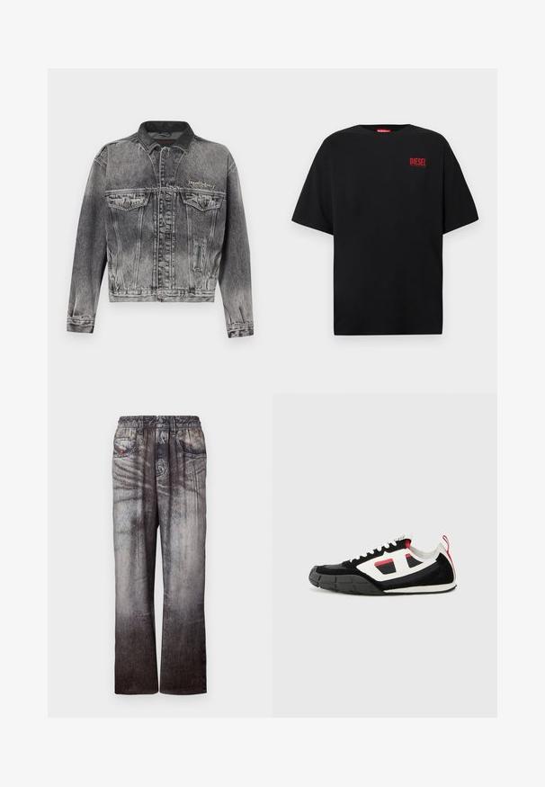 Jeansjacke in gewaschenem Schwarz mit klassischem Design, ausgestattet mit einem Lederkragen, zwei Brusttaschen und metallischen Knöpfen. Weiche Textur.; Schwarzes T-Shirt aus Baumwolle, mit kurzen Ärmeln, rundem Ausschnitt und einem roten "DIESEL"-Logo auf der linken Brustseite.; Jeans mit einem verblassten Blau-zu-Grau-Gradient, elastischem Bund und seitlichen Taschen. Sie besitzen eine strukturierte Oberfläche mit subtilem Nähen.; Diesel S PAGODHA LOW - Sneaker low - black