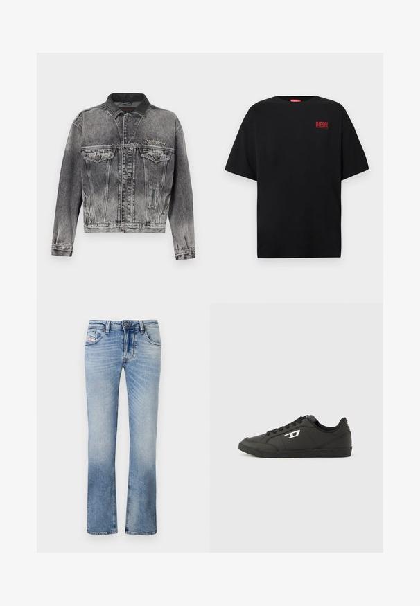 Jeansjacke in gewaschenem Schwarz mit klassischem Design, ausgestattet mit einem Lederkragen, zwei Brusttaschen und metallischen Knöpfen. Weiche Textur.; Schwarzes T-Shirt aus Baumwolle, mit kurzen Ärmeln, rundem Ausschnitt und einem roten "DIESEL"-Logo auf der linken Brustseite.; Hellblaue Jeans aus Denim mit geradem Schnitt, ausgestattet mit Fronttaschen, einem Reißverschluss und subtilen Verfärbungen im gesamten Stoff.; Schwarze Sneakers aus synthetischem Material mit einer strukturierten schwarzen Sohle, rundem Zehenbereich und flachen schwarzen Schnürsenkeln. Auffälliges weißes Logo auf der Außenseite.