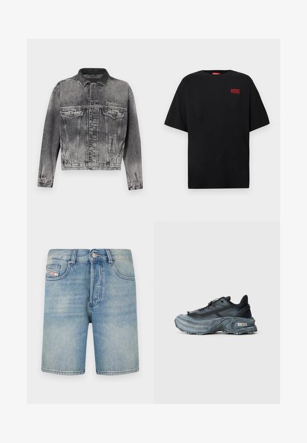 Veste en jean noire délavée avec un design classique, dotée d'un col en cuir, de deux poches poitrine et de boutons métalliques. Texture douce.; T-shirt noir en coton, avec des manches courtes, un col rond, et un logo rouge "DIESEL" sur le côté gauche de la poitrine.; Shorts en denim bleu clair à coupe droite, cinq poches et fermeture à bouton. Couture visible et légère décoloration sur l'ensemble.; Baskets Diesel noires et grises avec semelle épaisse, système de laçage à bascule et design texturé sur fond gris clair uni.