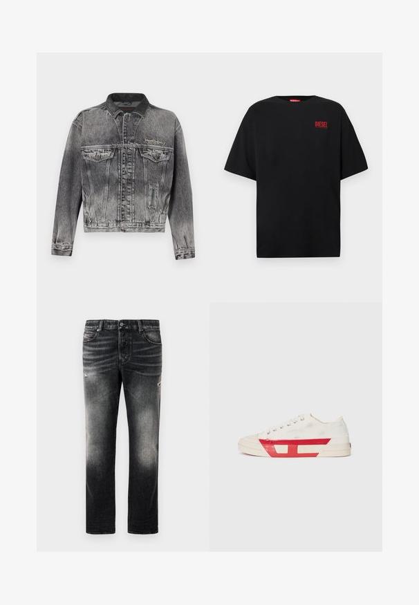 Chaqueta vaquera en negro lavado con un diseño clásico, que presenta un cuello de cuero, dos bolsillos en el pecho y botones metálicos. Textura suave.; Camiseta negra de algodón, con mangas cortas, cuello redondo y un logo rojo de "DIESEL" en la zona izquierda del pecho.; Jeans negros con acabado desgastado y toques rasgados, diseño estándar de cinco bolsillos y cierre con cremallera. Elaborados en tela de denim.; Zapatilla de lona con parte superior blanca, acentos de goma roja y un diseño texturizado. Presenta una puntera redonda y cinco ojetes para los cordones.