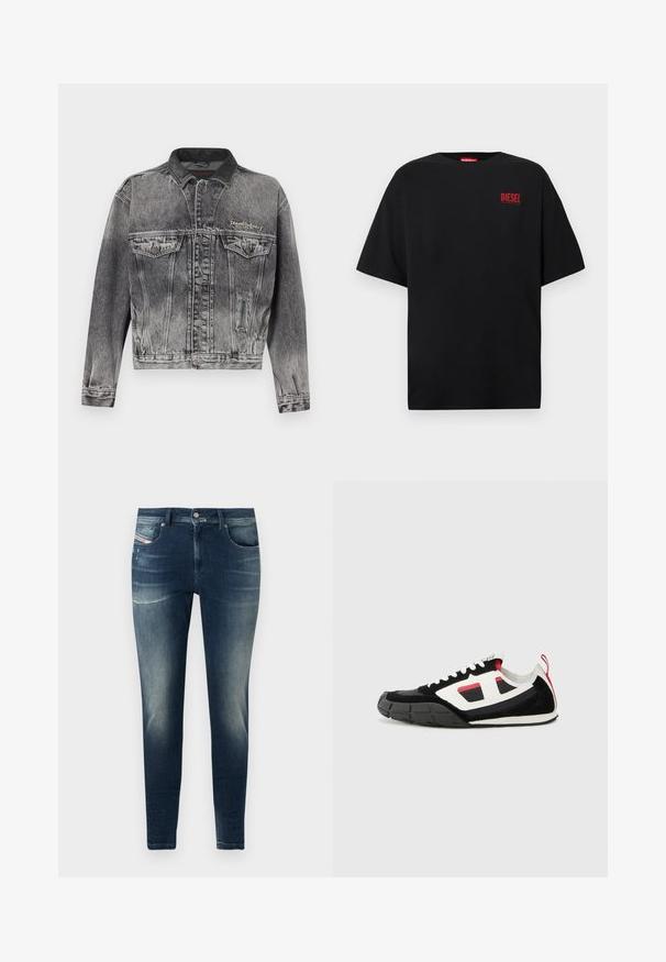 Jeansjacke in gewaschenem Schwarz mit klassischem Design, ausgestattet mit einem Lederkragen, zwei Brusttaschen und metallischen Knöpfen. Weiche Textur.; Schwarzes T-Shirt aus Baumwolle, mit kurzen Ärmeln, rundem Ausschnitt und einem roten "DIESEL"-Logo auf der linken Brustseite.; Dunkelblaue Denim-Jeans mit Slim-Fit, ausgestattet mit einem ausgewaschenen Look, leichten Abschürfungen und klassischem Fünf-Taschen-Design.; Diesel S PAGODHA LOW - Sneaker low - black