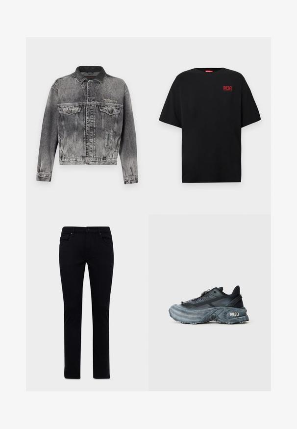 Jeansjacke in gewaschenem Schwarz mit klassischem Design, ausgestattet mit einem Lederkragen, zwei Brusttaschen und metallischen Knöpfen. Weiche Textur.; Schwarzes T-Shirt aus Baumwolle, mit kurzen Ärmeln, rundem Ausschnitt und einem roten "DIESEL"-Logo auf der linken Brustseite.; Schwarze Slim-Fit-Jeans mit Vorder- und Rückentaschen, Gürtelschlaufen und Knopfverschluss, auf einem weißen Hintergrund präsentiert.; Schwarz- und graue Diesel-Sneaker mit dicker Sohle, Schnürverschluss und strukturiertem Design auf einem schlichten hellgrauen Hintergrund.