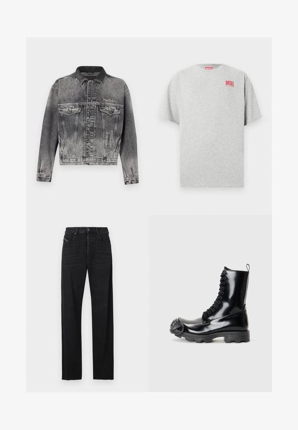 Veste en jean noire délavée avec un design classique, dotée d'un col en cuir, de deux poches poitrine et de boutons métalliques. Texture douce.; T-shirt en coton gris avec un col rond et des manches courtes. Présente un petit logo rouge « DIESEL » sur la poitrine. Texture lisse.; Jean en denim noir avec une coupe droite, des poches avant, et un détail de languette rouge sur la poche gauche. Le tissu présente une légère texture.; Bottines de combat en cuir verni noir avec une finition brillante, design à lacets, épaisse semelle en caoutchouc et détail de quincaillerie distinctif à l'avant.