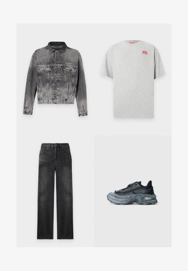 Veste en jean noire délavée avec un design classique, dotée d'un col en cuir, de deux poches poitrine et de boutons métalliques. Texture douce.; T-shirt en coton gris avec un col rond et des manches courtes. Présente un petit logo rouge « DIESEL » sur la poitrine. Texture lisse.; Jeans noirs droits en denim, dotés de cinq poches, passants de ceinture et d'un léger délavage sur le tissu pour une texture.; Baskets Diesel noires et grises avec semelle épaisse, système de laçage à bascule et design texturé sur fond gris clair uni.