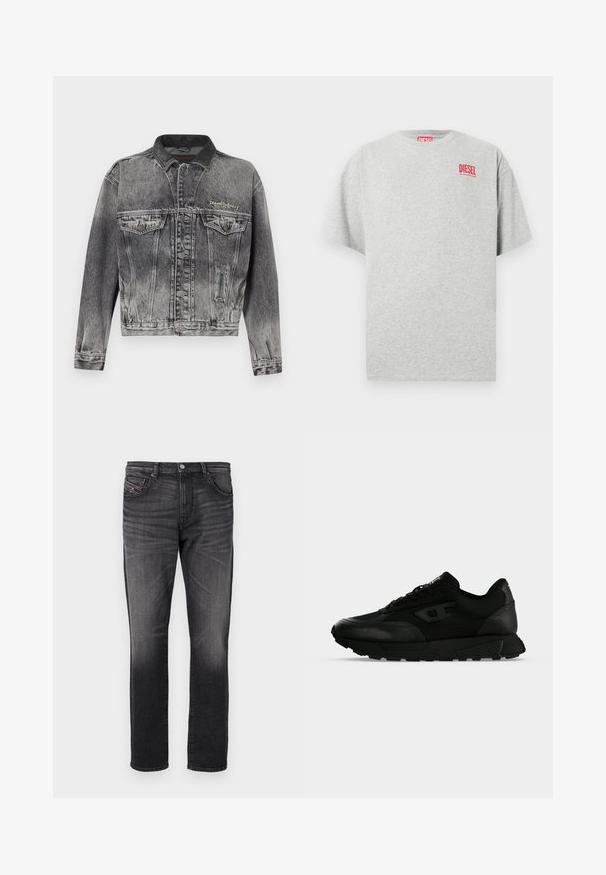 Veste en jean noire délavée avec un design classique, dotée d'un col en cuir, de deux poches poitrine et de boutons métalliques. Texture douce.; T-shirt en coton gris avec un col rond et des manches courtes. Présente un petit logo rouge « DIESEL » sur la poitrine. Texture lisse.; Jean en denim noir avec une coupe droite, cinq poches, un léger délavage et une petite étiquette en tissu rouge sur la poche avant.; Baskets basses noires avec cuir texturé et panneaux en tissu, fermeture lacets et semelle épaisse en caoutchouc sur un fond clair uni.