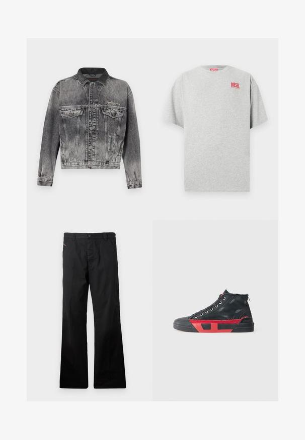 Veste en jean noire délavée avec un design classique, dotée d'un col en cuir, de deux poches poitrine et de boutons métalliques. Texture douce.; T-shirt en coton gris avec un col rond et des manches courtes. Présente un petit logo rouge « DIESEL » sur la poitrine. Texture lisse.; Pantalon droit en coton noir avec fermeture à bouton. Dispose de poches latérales et d'un design minimaliste sans motifs ni accents visibles.; Baskets montantes noires avec des accents rouges et une finition usée. Caractérisées par une tige en toile texturée et une semelle en caoutchouc avec un design découpé.