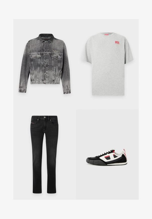 Jeansjacke in gewaschenem Schwarz mit klassischem Design, ausgestattet mit einem Lederkragen, zwei Brusttaschen und metallischen Knöpfen. Weiche Textur.; Graues Baumwoll-T-Shirt mit rundem Ausschnitt und kurzen Ärmeln. Mit einem kleinen roten "DIESEL"-Logo auf der Brust. Glatte Textur.; Schwarze Denim-Jeans mit geradem Bein, ausgestattet mit Vorder- und Gesäßtaschen, subtilen Ausbleichungen und einem Metallknopfverschluss.; Diesel S PAGODHA LOW - Sneaker low - black