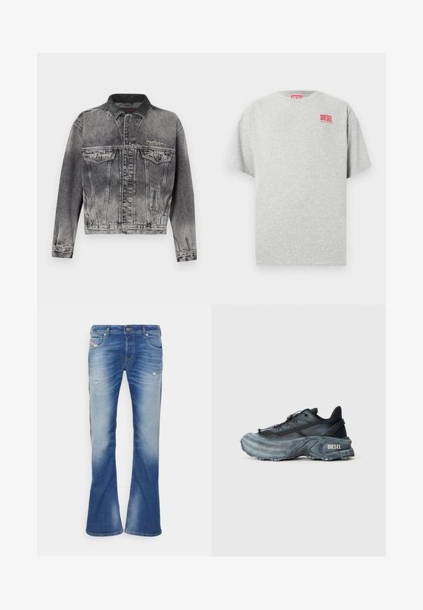 Jeansjacke in gewaschenem Schwarz mit klassischem Design, ausgestattet mit einem Lederkragen, zwei Brusttaschen und metallischen Knöpfen. Weiche Textur.; Graues Baumwoll-T-Shirt mit rundem Ausschnitt und kurzen Ärmeln. Mit einem kleinen roten "DIESEL"-Logo auf der Brust. Glatte Textur.; Blaue, ausgebleichte Bootcut-Jeans mit leichter Abnutzung an den Vorderseiten der Oberschenkel und klassischem Fünf-Taschen-Design auf weißem Hintergrund.; Schwarz- und graue Diesel-Sneaker mit dicker Sohle, Schnürverschluss und strukturiertem Design auf einem schlichten hellgrauen Hintergrund.