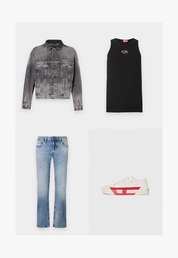 Jeansjacke in gewaschenem Schwarz mit klassischem Design, ausgestattet mit einem Lederkragen, zwei Brusttaschen und metallischen Knöpfen. Weiche Textur.; Schwarzes ärmelloses Tanktop aus Baumwolle. Verfügt über einen runden Halsausschnitt und ein kleines weißes Diesel-Logo auf der Brust. Glatte Textur.; Hellblaue Jeans aus Denim mit geradem Schnitt, ausgestattet mit Fronttaschen, einem Reißverschluss und subtilen Verfärbungen im gesamten Stoff.; Leinensneaker mit weißem Obermaterial, roten Gummidetails und einem strukturierten Design. Verfügt über eine runde Zehenpartie und fünf Ösen für die Schnürsenkel.