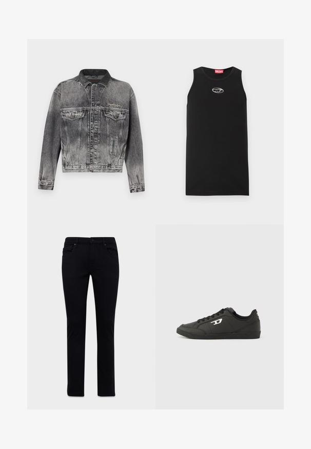 Jeansjacke in gewaschenem Schwarz mit klassischem Design, ausgestattet mit einem Lederkragen, zwei Brusttaschen und metallischen Knöpfen. Weiche Textur.; Schwarzes ärmelloses Tanktop aus Baumwolle. Verfügt über einen runden Halsausschnitt und ein kleines weißes Diesel-Logo auf der Brust. Glatte Textur.; Schwarze Slim-Fit-Jeans mit Vorder- und Rückentaschen, Gürtelschlaufen und Knopfverschluss, auf einem weißen Hintergrund präsentiert.; Schwarze Sneakers aus synthetischem Material mit einer strukturierten schwarzen Sohle, rundem Zehenbereich und flachen schwarzen Schnürsenkeln. Auffälliges weißes Logo auf der Außenseite.