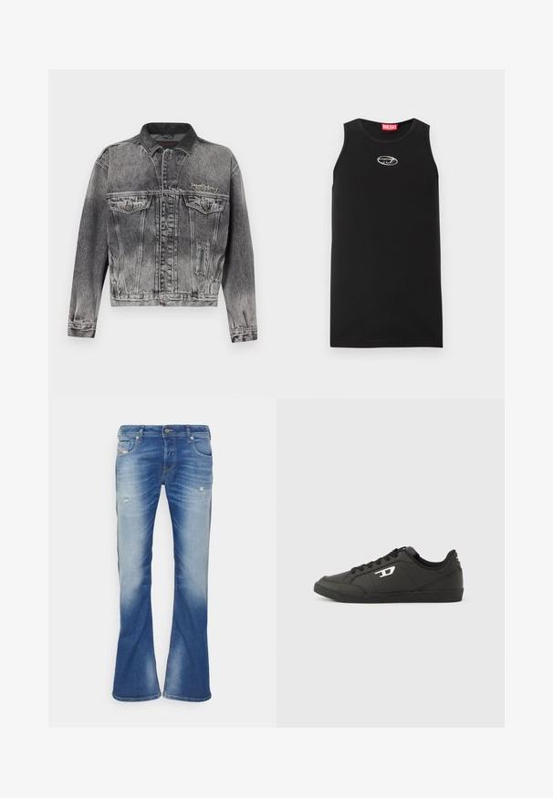 Chaqueta vaquera en negro lavado con un diseño clásico, que presenta un cuello de cuero, dos bolsillos en el pecho y botones metálicos. Textura suave.; Camiseta sin mangas negra hecha de algodón. Presenta un escote redondo y un pequeño logo blanco de Diesel en el pecho. Textura suave.; Vaqueros bootcut desgastados en azul con ligero desgarro en los muslos delanteros y diseño clásico de cinco bolsillos sobre fondo blanco.; Zapatillas deportivas negras sintéticas con suela negra texturizada, puntera redonda y cordones planos negros. Destaca un logo blanco en el lateral exterior.