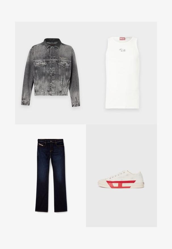 Spijkerjack in gewassen zwart met een klassiek ontwerp, voorzien van een leren kraag, twee borstzakken en metalen knopen. Zachte textuur.; Witte mouwloze tanktop gemaakt van gladde stof, met een klein zilveren logo op de borst en een rood label aan de halslijn.; Donkerblauwe denim jeans met een rechte pijp, voorzien van oranje stiksels, een ritssluiting en voorzakken. Glad oppervlak en een standaard tailleband.; Canvas sneaker met een witte bovenkant, rode rubberen accenten en een gestructureerd ontwerp. Heeft een ronde neus en vijf oogjes voor de veters.