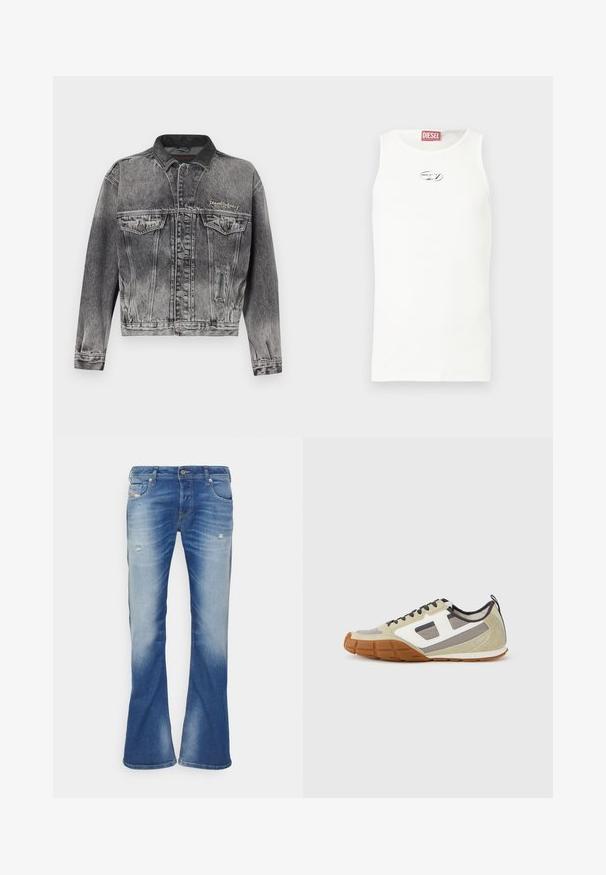 Chaqueta vaquera en negro lavado con un diseño clásico, que presenta un cuello de cuero, dos bolsillos en el pecho y botones metálicos. Textura suave.; Camiseta blanca sin mangas hecha de tela suave, con un pequeño logo plateado en el pecho y una etiqueta roja en el cuello.; Vaqueros bootcut desgastados en azul con ligero desgarro en los muslos delanteros y diseño clásico de cinco bolsillos sobre fondo blanco.; Zapatillas deportivas con una parte superior beige con acentos en gris y blanco, ante texturizado y suela de goma con patrón. Incluyen cordones marrones y una lengüeta para tirar.