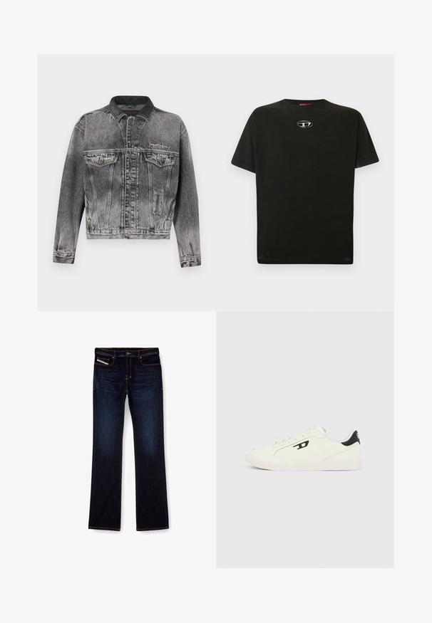 Denimjakke i vasket sort med et klassisk design, der har en læderkrave, to brystlommer og metal knapper. Blød tekstur.; Sort bomulds T-shirt med korte ærmer, rund hals og et lille metallisk logo på brystet. Glat tekstur og lige snit.; Mørkeblå denim jeans med lige ben, med orange syninger, lynlås og forlommer. Glat tekstur og standard talje.; Hvide sneakers med en tekstureret overdel, der har sorte accenter på hælen og et logo på siden. Snøret design og gummisål.