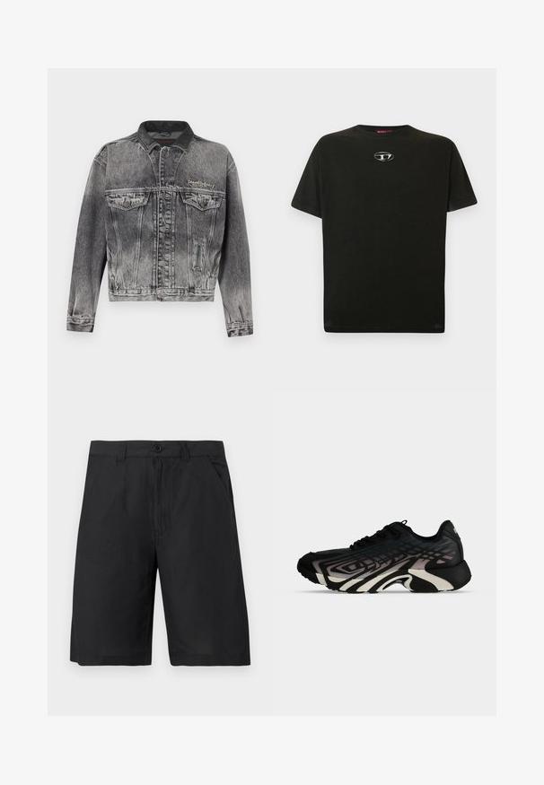 Veste en jean noire délavée avec un design classique, dotée d'un col en cuir, de deux poches poitrine et de boutons métalliques. Texture douce.; T-shirt en coton noir à manches courtes, col rond, avec un petit logo métallique sur la poitrine. Texture lisse et coupe droite.; Shorts noirs mi-genoux avec bouton frontal, fermeture éclair, poches latérales et passants de ceinture, présentés sur un fond clair uni.; Basket de sport noire et grise avec des motifs géométriques superposés et une semelle épaisse et sculptée, vue de côté sur fond blanc.