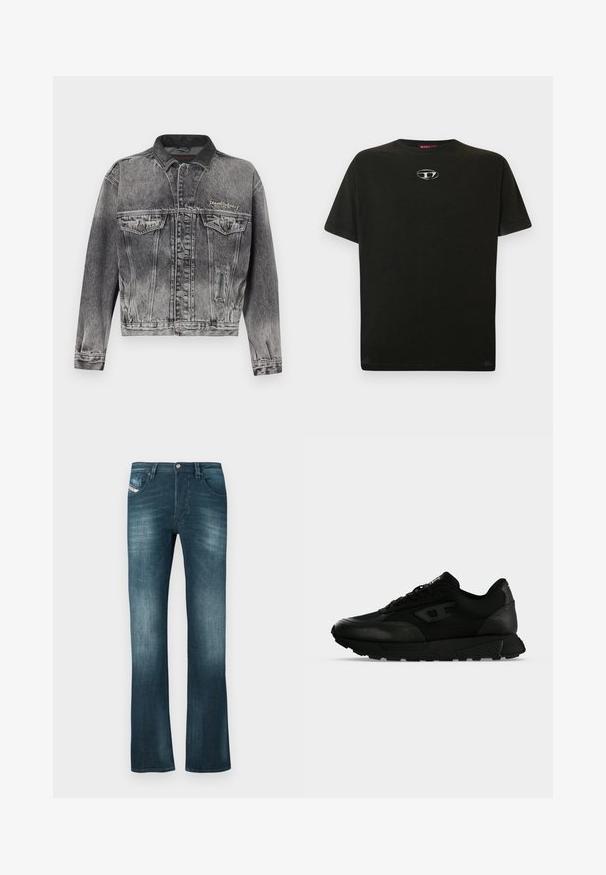 Veste en jean noire délavée avec un design classique, dotée d'un col en cuir, de deux poches poitrine et de boutons métalliques. Texture douce.; T-shirt en coton noir à manches courtes, col rond, avec un petit logo métallique sur la poitrine. Texture lisse et coupe droite.; Jeans en denim bleu foncé avec une légère décoloration, coupe droite, deux poches avant et une petite étiquette de marque sur la poche droite.; Baskets basses noires avec cuir texturé et panneaux en tissu, fermeture lacets et semelle épaisse en caoutchouc sur un fond clair uni.