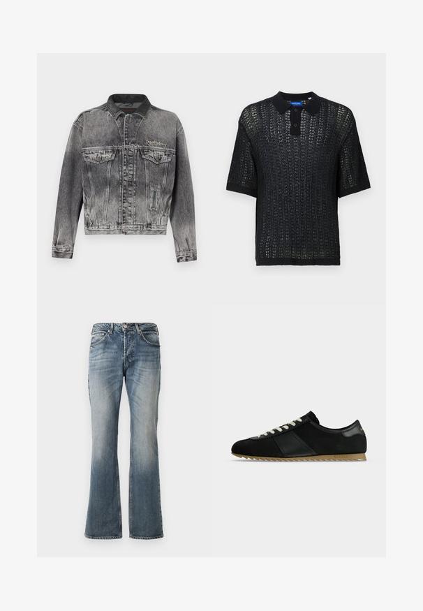 Jeansjacke in gewaschenem Schwarz mit klassischem Design, ausgestattet mit einem Lederkragen, zwei Brusttaschen und metallischen Knöpfen. Weiche Textur.; Schwarzes Kurzarm-Polo mit gewebter Textur, ausgestattet mit einem Kragen, Knöpfen und gerippten Bündchen. Hergestellt aus leichtem Material.; Blaue ausgewaschene Jeans mit leicht ausgestelltem Bein, Fünf-Taschen-Design und Knopfverschluß an der Taille.; Schwarzer Low-Top-Sneaker mit weißen Schnürsenkeln, strukturierter brauner Sohle und Lederdetails vor schlichtem grauem Hintergrund.