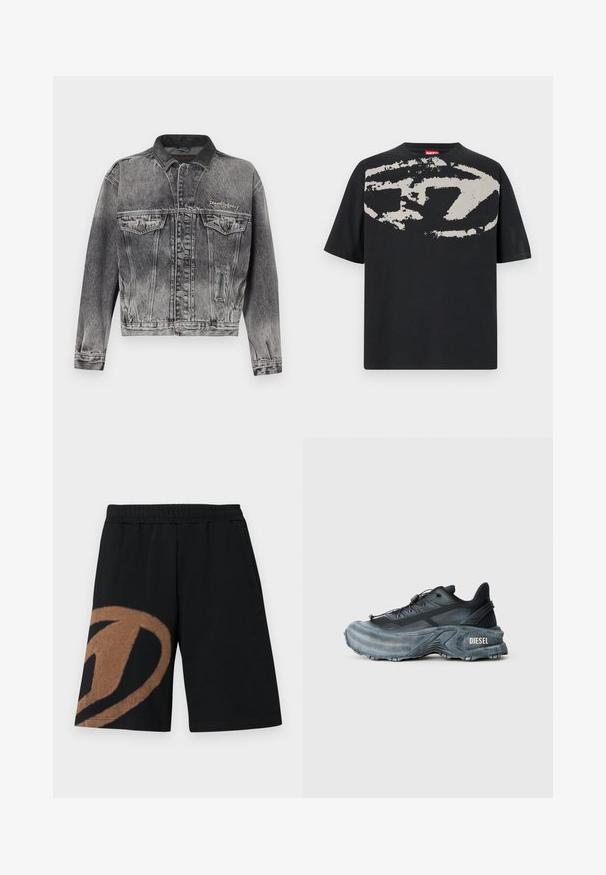 Veste en jean noire délavée avec un design classique, dotée d'un col en cuir, de deux poches poitrine et de boutons métalliques. Texture douce.; T-shirt noir avec un grand motif abstrait gris clair sur le devant. Manches courtes et encolure ronde classique. Matière en coton.; Shorts taille élastique noire avec grand motif abstrait marron sur la jambe gauche et poches latérales.; Baskets Diesel noires et grises avec semelle épaisse, système de laçage à bascule et design texturé sur fond gris clair uni.