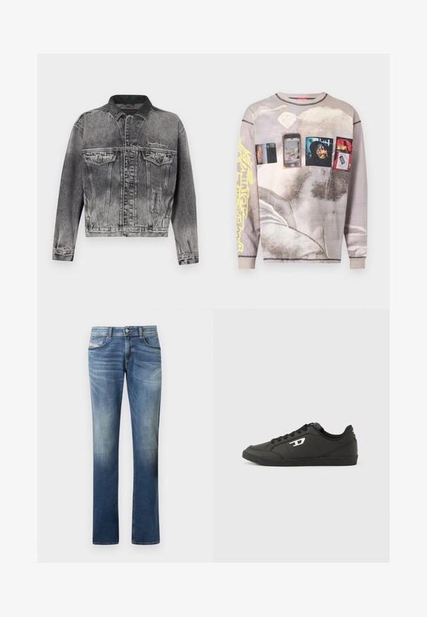 Veste en jean noire délavée avec un design classique, dotée d'un col en cuir, de deux poches poitrine et de boutons métalliques. Texture douce.; Chemise beige délavée à manches longues avec des imprimés graphiques de smartphones, de personnes et de formes abstraites, avec un design de texte jaune sur une manche.; Jean en denim bleu avec une finition délavée, coupe droite, style cinq poches, et détails de couture subtils. Fermeture classique par boutons.; Baskets synthétiques noires avec une semelle noire texturée, un bout rond et des lacets plats noirs. Logo blanc remarquablement placé sur le côté extérieur.